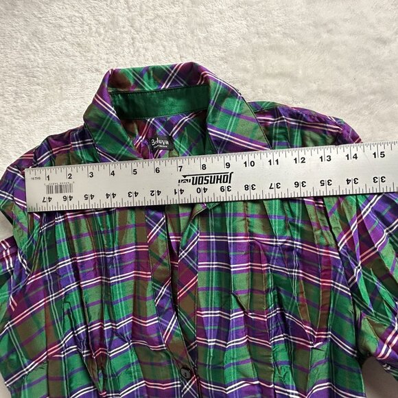 Beluva Sna Francisco Womens Green Purple Plaid Pleated Button-Down Shirt Small - Picture 5 of 7